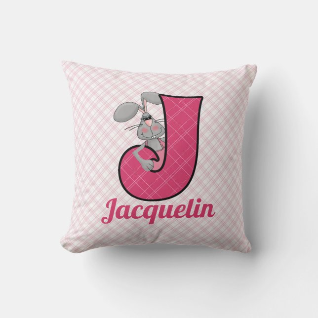 Pink Plaid Letter J for Jackrabbit Girls Cushion (Front)
