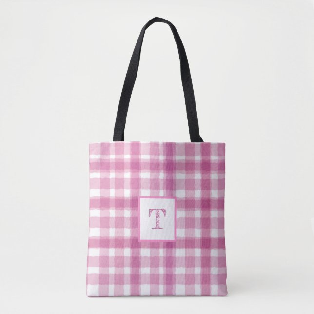 Pink Plaid Monogram Custom Tote Bag (Front)