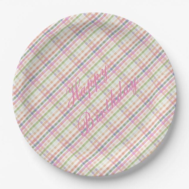 Pink Plaid Paper Birthday Plates (Front)