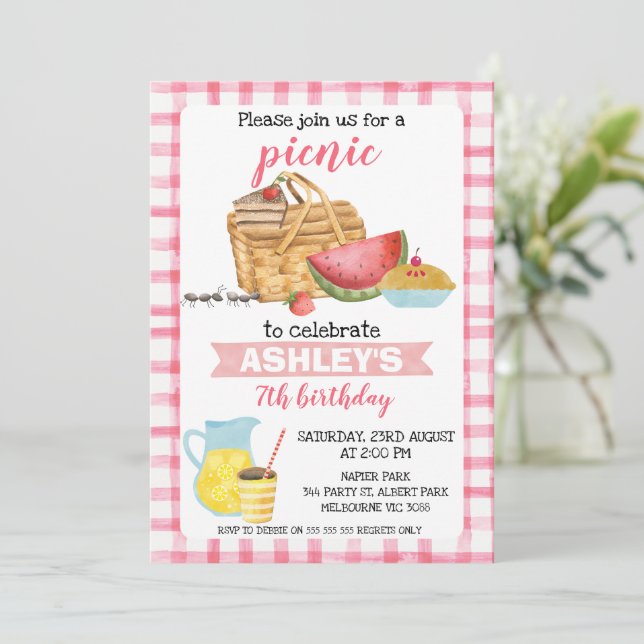 Pink Plaid Picnic Birthday Party Invitation (Standing Front)