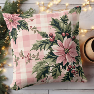 Pink Plaid Poinsettia Christmas Cushion