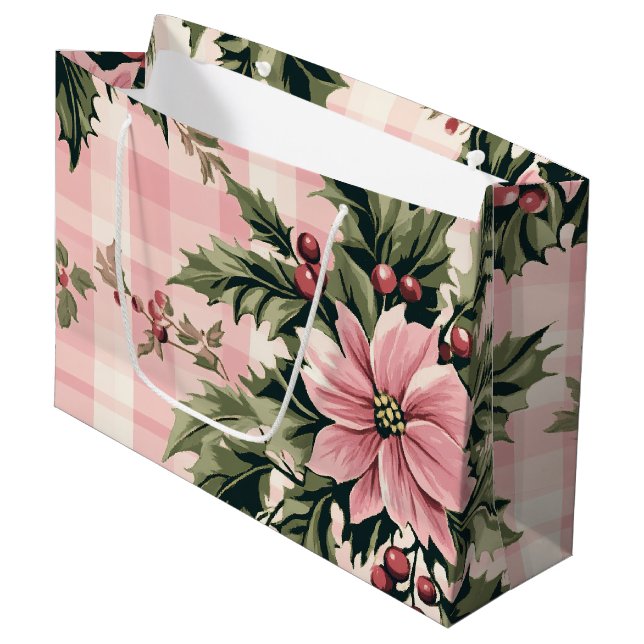 Pink Plaid Poinsettia Christmas Large Gift Bag (Front Angled)
