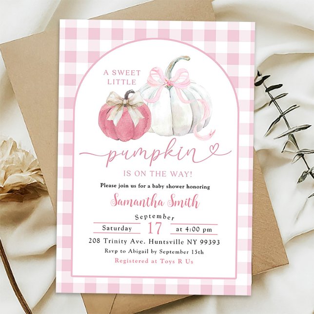Pink Plaid Preppy Bow Pumpkin Baby Shower Invitation (Creator Uploaded)