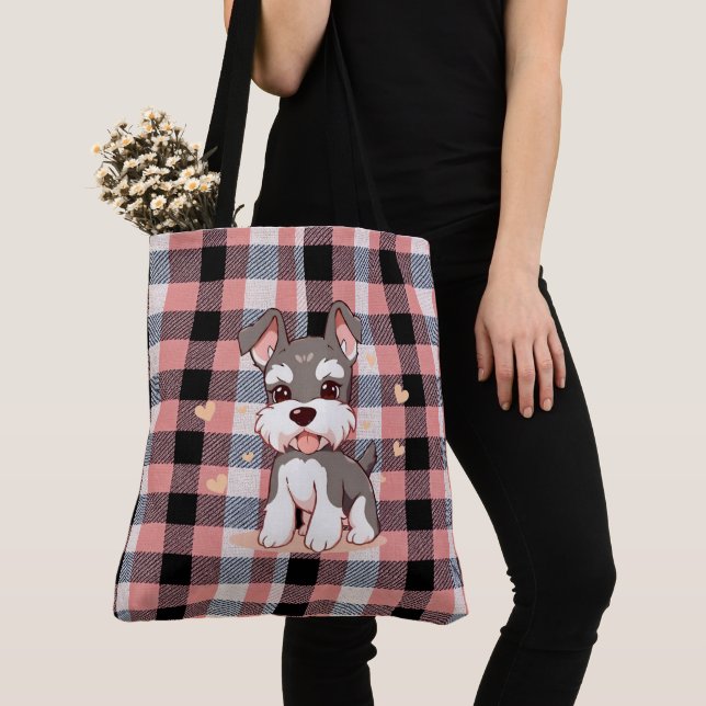 Pink Plaid Puppy Tote Bag (Close Up)