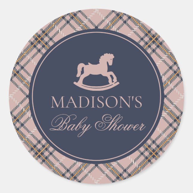 Pink Plaid Rocking Horse Baby Shower Envelope Seal (Front)