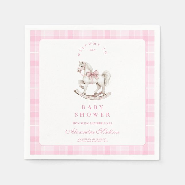 Pink Plaid Rocking Horse Baby Shower Napkin (Front)