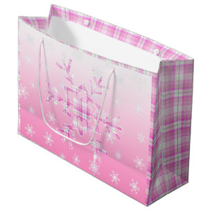 Pink Plaid Snowflake Christmas Large Gift Bag