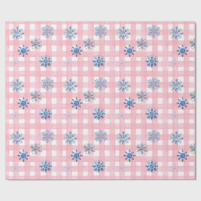 Pink Plaid Snowflake Wrapping Paper (Flat)