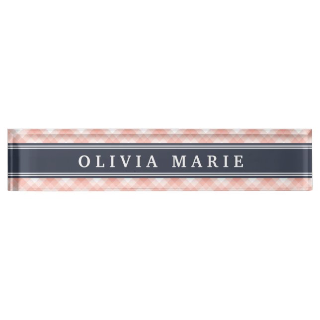 Pink Plaid Stripe Pattern Navy Blue Accent Nameplate (Front)