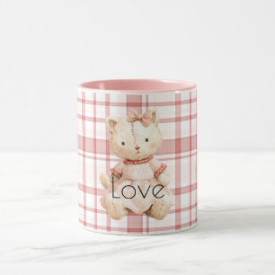 Pink Plaid Stripes Cat Mug