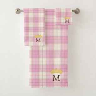 Pink Plaid Tartan Crowned Monogram Princess Bath Towel Set