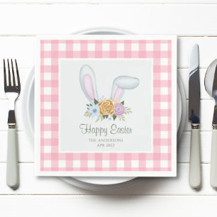 Pink Plaid Watercolor Floral Bunny Ears Easter Napkin