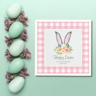 Pink Plaid Watercolor Floral Bunny Ears Easter Napkin