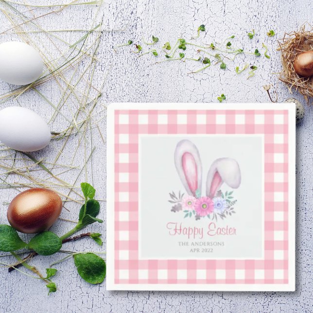 Pink Plaid Watercolor Floral Bunny Ears Easter Napkin (Creator Uploaded)