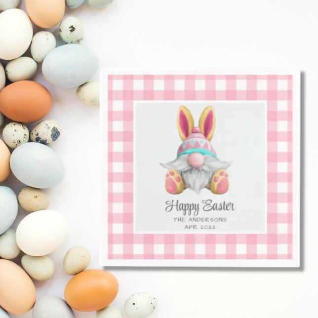 Pink Plaid Watercolor Gnome Easter  Napkin (Creator Uploaded)
