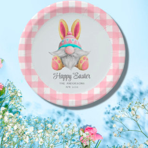 Pink Plaid Watercolor Gnome Easter Paper Plate