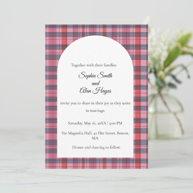 Pink Plaid Wedding Invitation Card (Standing Front)