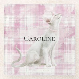 Pink Plaid White Cat Glass Coaster