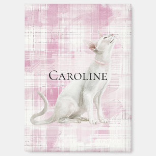 Pink Plaid White Cat Magnet