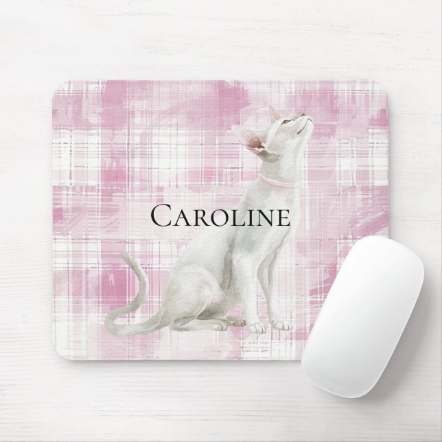 Pink Plaid White Cat Mouse Pad (With Mouse)