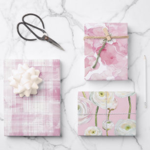 Pink Plaid White Stripes Floral Abstract Birthday Wrapping Paper Sheet