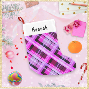 Pink Plaid Winter Patterned Personalised Small Christmas Stocking