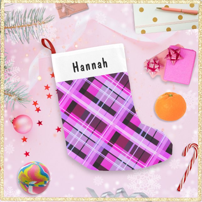 Pink Plaid Winter Patterned Personalised Small Christmas Stocking (A Christmas stocking with pink plaid design. Personalize with a name on the white panel at the top)