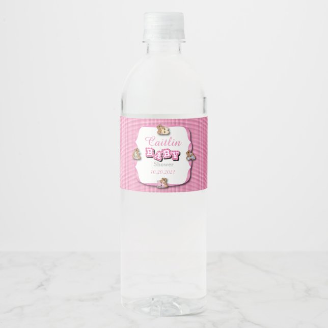 Pink Plaid with Baby Bears | Baby Girl Shower Water Bottle Label (Front)
