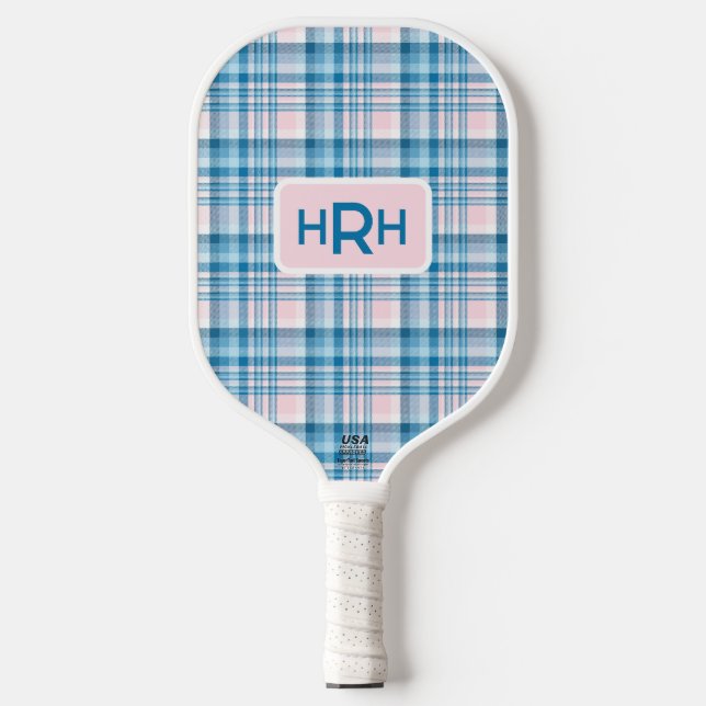 Pink Plaid with Modern Monogram Pickleball Paddle (Front)