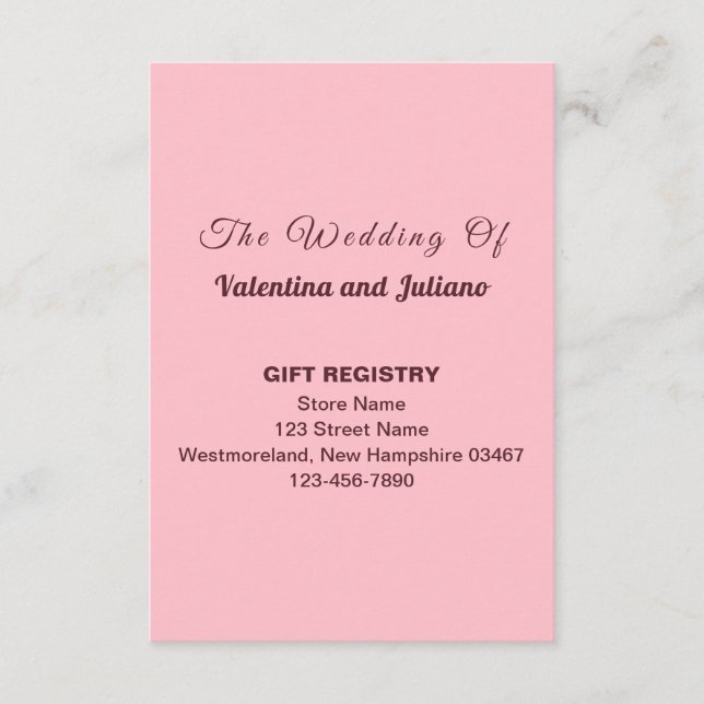 Pink Plain Text Wedding Gift Registry Portrait Enclosure Card (Front)