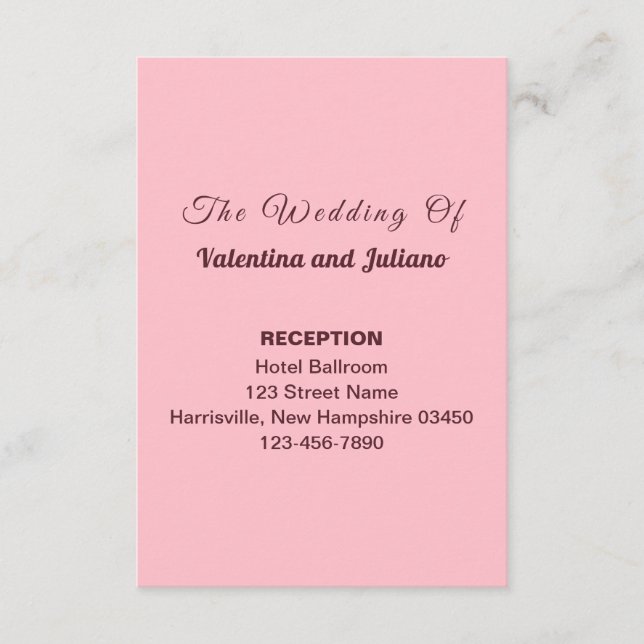 Pink Plain Text Wedding Reception Portrait Enclosure Card (Front)