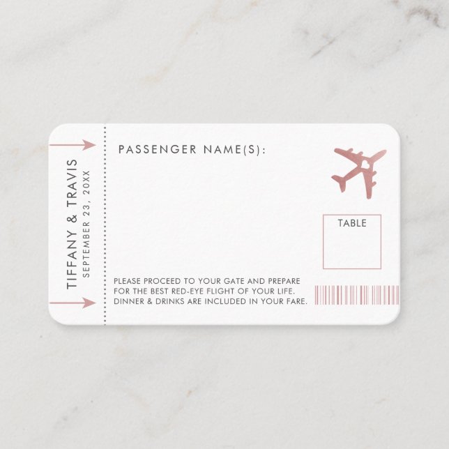 Pink Plane Ticket Boarding Pass Place Escort Card (Front)