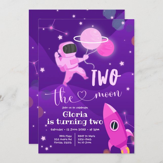 Pink Planet Space Two the Moon Invitation (Front/Back)