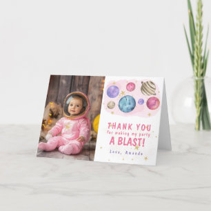 Pink Planets Space Birthday Party Thank You Card