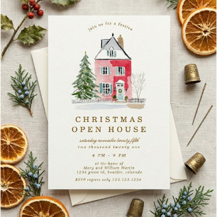 Pink Playful House Christmas Open House Party Invitation