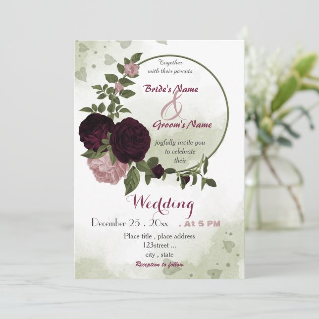 pink plum burgundy flowers green wreath wedding  invitation (Standing Front)