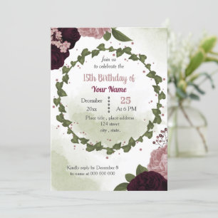 pink plum burgundy flowers greenery birthday party invitation