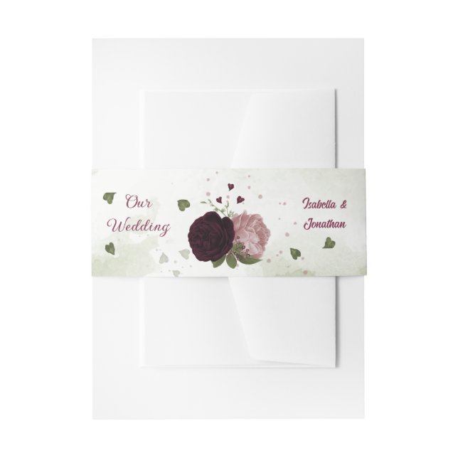pink plum burgundy flowers greenery wedding  invitation belly band (Front Example)