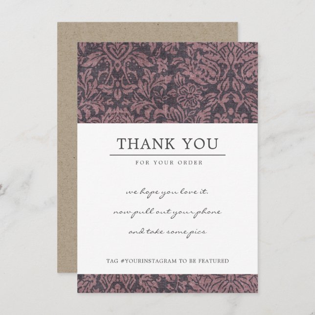 PINK PLUM DAMASK PATTERN CORPORATE BUSINESS LOGO THANK YOU CARD (Front/Back)