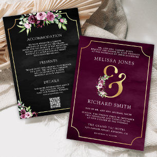 Pink Plum Floral Ampersand Black QR Code Wedding Invitation