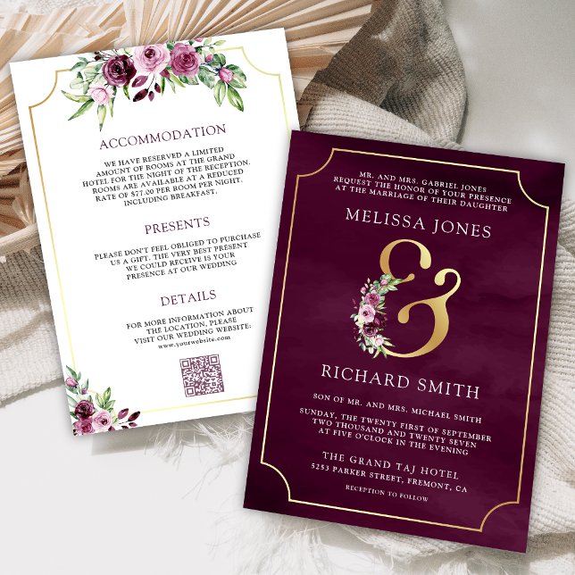 Pink Plum Floral Ampersand QR Code Wedding Invitation (Creator Uploaded)