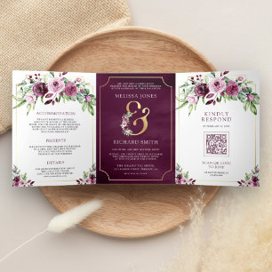 Pink Plum Floral Ampersand QR Code Wedding Tri-Fold Invitation