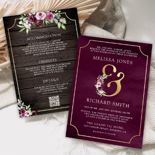 Pink Plum Floral Ampersand Wood QR Code Wedding Invitation