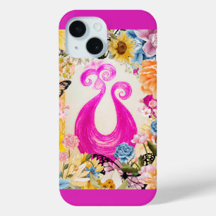Pink Plum Peacock with colourful flowers iPhone 15 Case