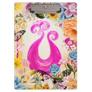 Pink Plum Peacock with colourful flowers Clipboard