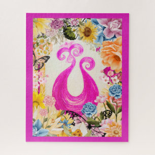 Pink Plum Peacock with colourful flowers Jigsaw Puzzle