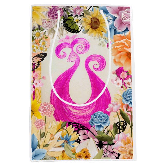 Pink Plum Peacock with colourful flowers Medium Gift Bag (Front)