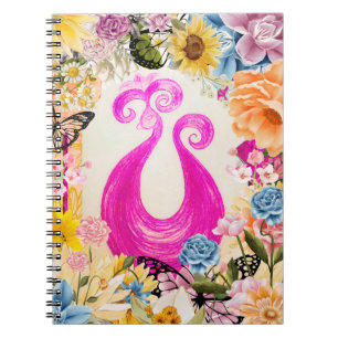 Pink Plum Peacock with colourful flowers Notebook