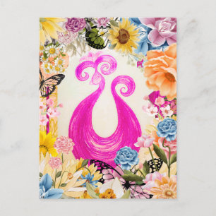 Pink Plum Peacock with colourful flowers Postcard