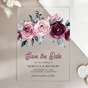 Pink Plum Purple Floral Wedding Save the Date Acrylic Invitations